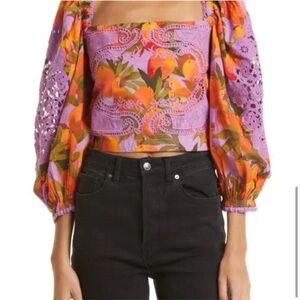 FARM Rio Orange and Pink Smocked Puff Sleeve Blouse